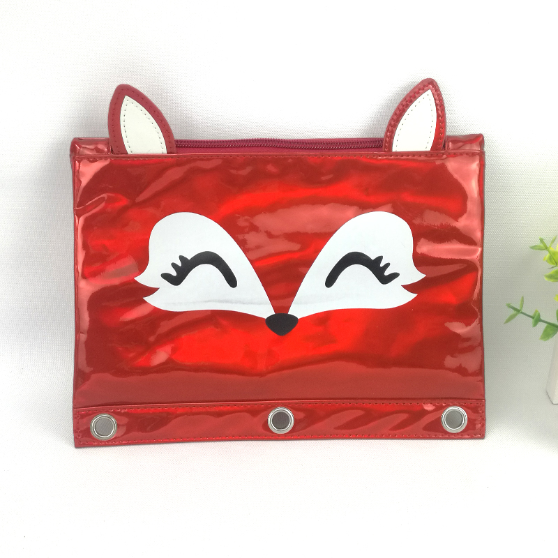 lovely fox deer hamster animal face 3D ears PU leather binder pouch pencil bag 3 colors available with zipper closure with 3-round rings great gift for kids teens adults for school office daily use