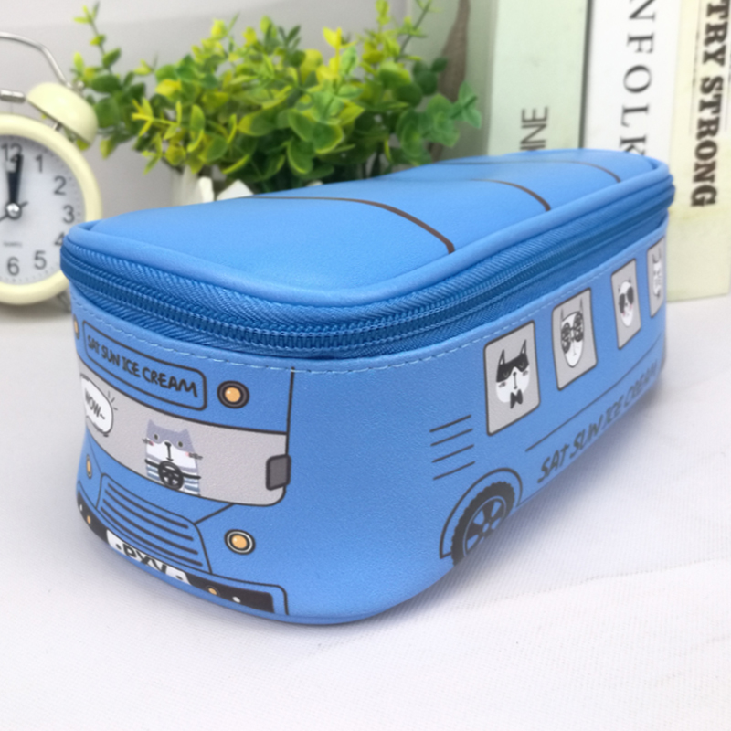 Fantastic cartoon live simulated bus PU leather pencil pouch pen case 3 colors with wraparound zippers with inner side pocket with elastic pen loops roomy capacity great gift for kids teens friends China OEM factory