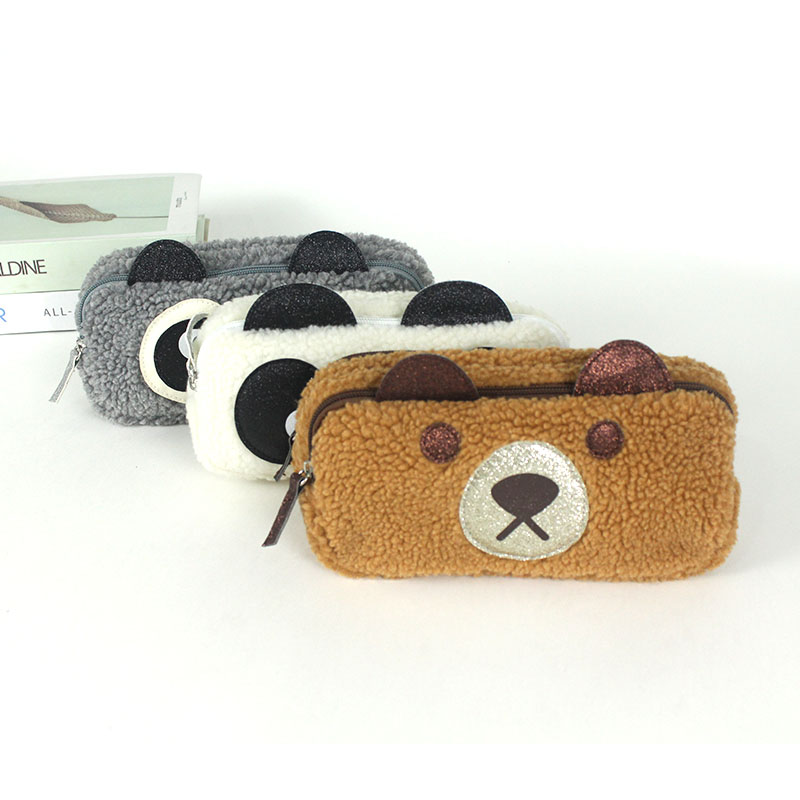 3D soft plush panda 2 zipper pockets large capacity pencil pouch pen case makeup bag coin purse China OEM factory supply