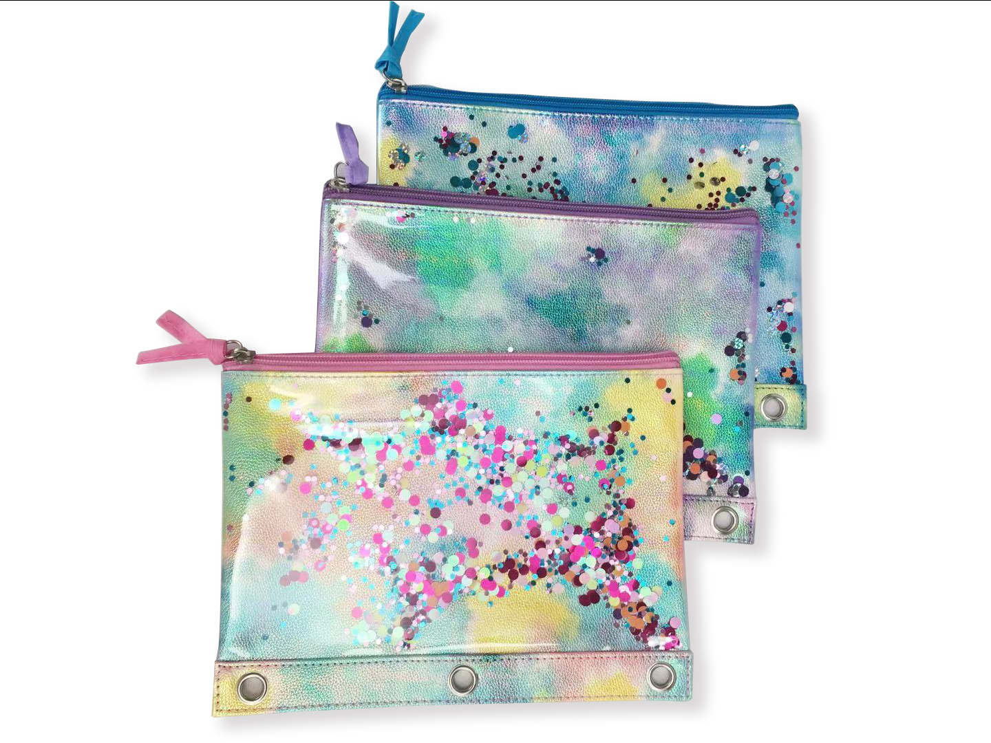 Iridescent transparency shiny sparkly colorful glitter sequin sandflow PU leather polyester binder pouch pencil bag with zipper closure with 3-round rings great gift for kids teens adults for school office daily use