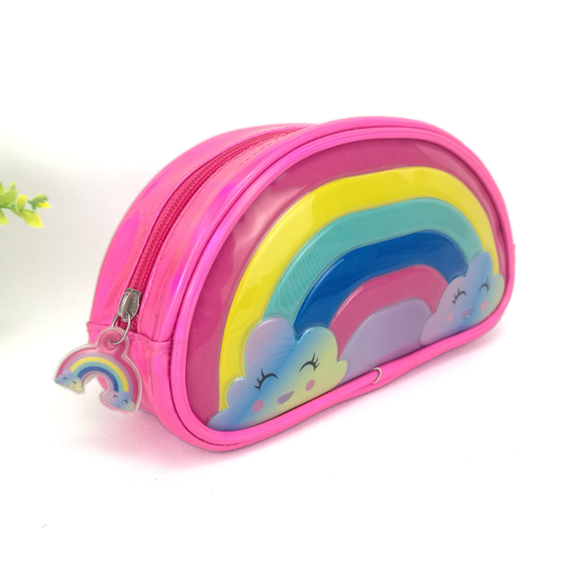 Rainbow printing pink PU leather/PVC pencil pouch pen case with zipper closure with rainbow shape zipper puller great gift for kids teens adults for office school supplies daily use China OEM factory