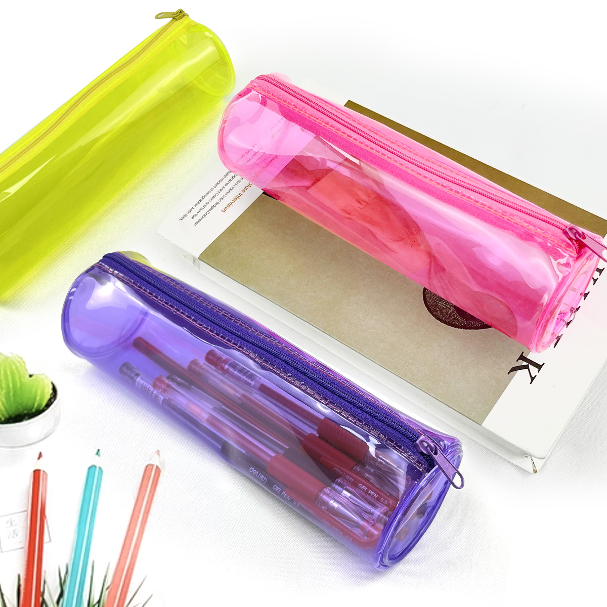 Cylinder shape transparent PVC pencil pouch pen case 4 colors available with zipper closure toiletry pouch great gift for kids teens adults for office school supplies daily use China OEM factory