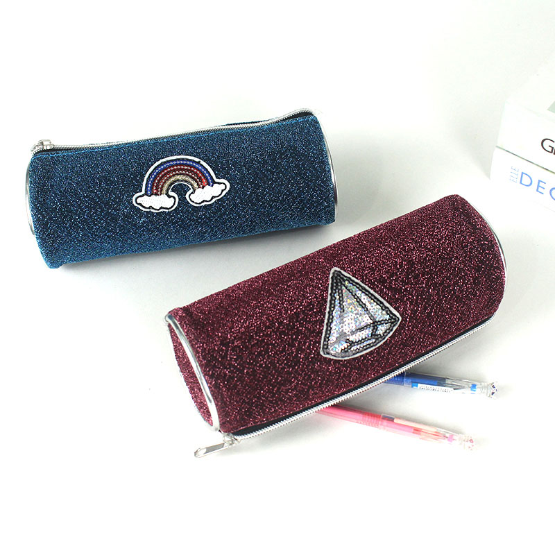 Cylinder shape glitter icon logo polyester 3 colors available with zipper closure pencil pouch pen case toiletry pouch China OEM factory supply
