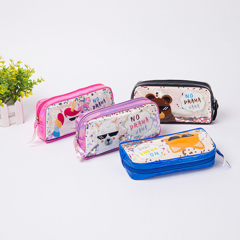 Cartoon exterior transparent window decorated with moving glitter PVC&leather 4 colors available with zipper closure pencil pouch pen case toiletry pouch China OEM factory supply