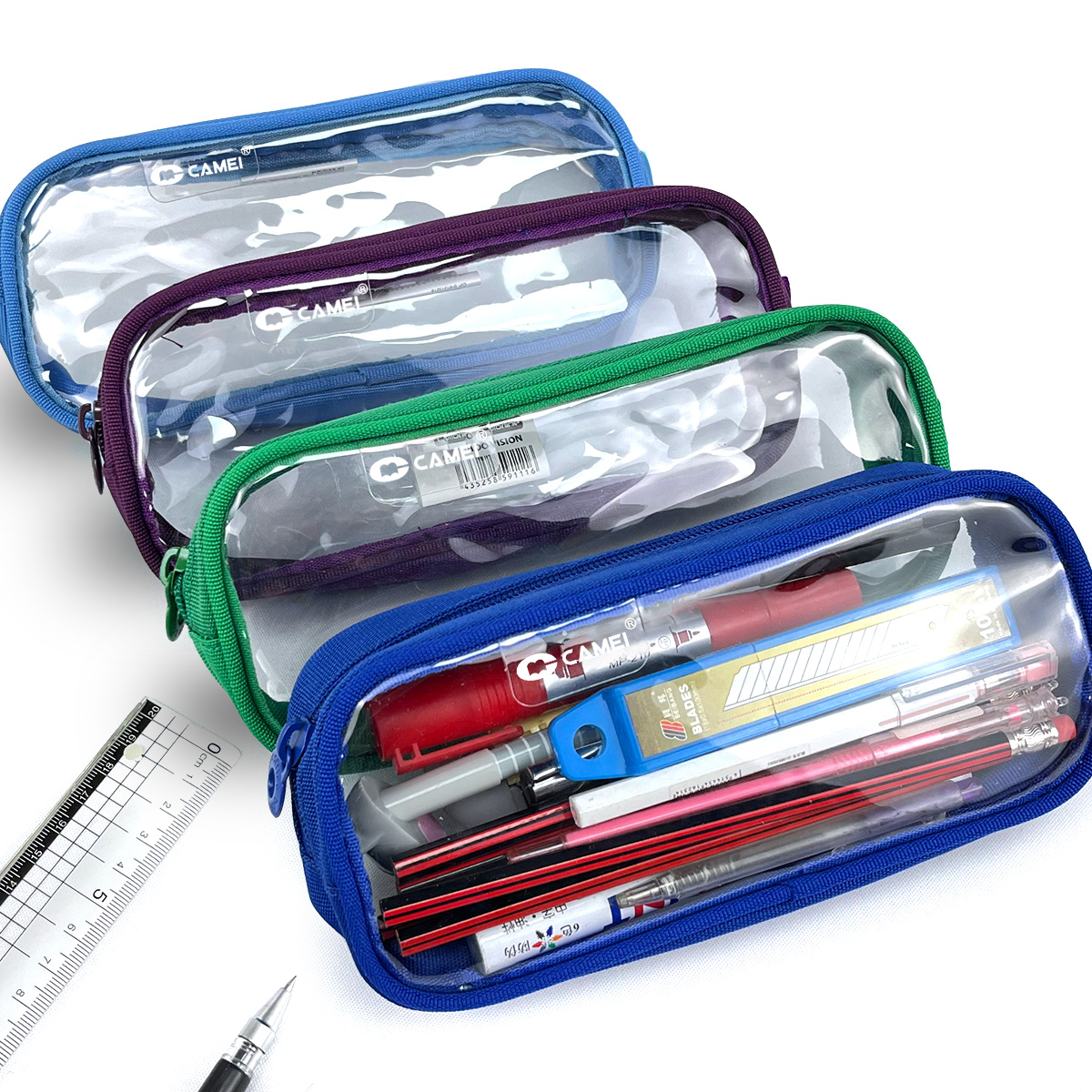 Square sharp transparent PVC poly pencil pouch pen case 5 colors available with zipper closure toiletry pouch great gift for kids teens adults for office school supplies daily use China OEM factory