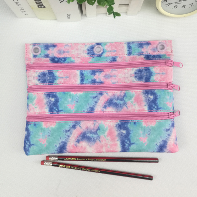 Colorful flowers pattern print 3 parallel front zipper pockets design polyester binder pouch pencil bag with zipper closure with 3-round rings great gift for kids teens adults for school office daily use