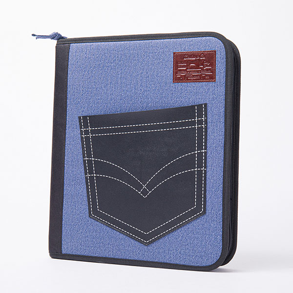 Classical blue denim jean pocket appearance polyester with removal zipper binder bag with zipper closure with 3 round ring binder with interior grid pocket  zipper binder pouch China OEM factory supplies