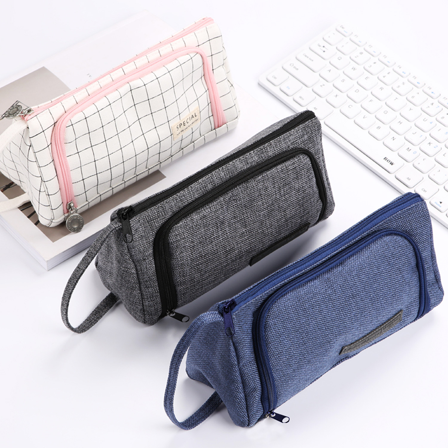 Triangle side zip-out pocket poly pencil pouch organizer case handbag with handle zipper closure large storage cosmetic bag for all ages for business office school daily use for men women China OEM factory