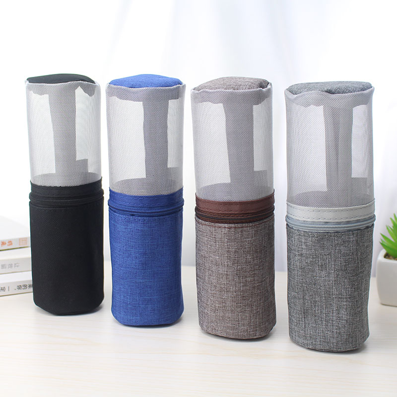 Cylinder shape transparent micro-mesh panel flat bottom stand-up polyester pencil pouch with wraparound zipper closure large capacity great gift for kids teens students adults for business office school stationery supplies daily use China OEM factory