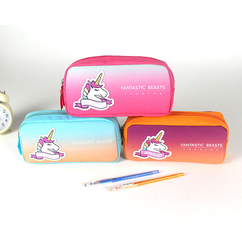 Cute unicorn holographic printing polyester pencil pouch pen case elementary pen holder with zipper closure with compartments for preschool kindergarten school college for office business for kids teens students adults China OEM factory supply