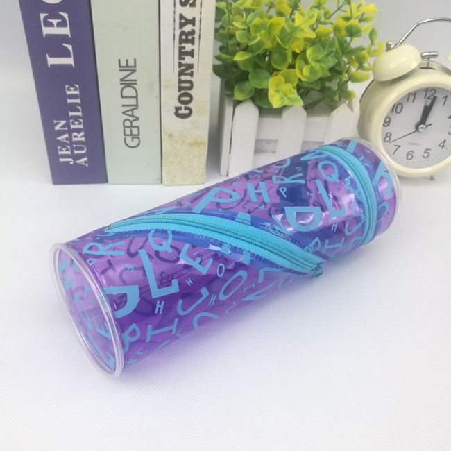 Letters pattern multi-functional cylinder shape transparent PVC flat bottom stand-up pencil pouch pencil pot with wraparound zipper closure large capacity great gift for kids teens students adults for business office school stationery supplies daily use China OEM factory