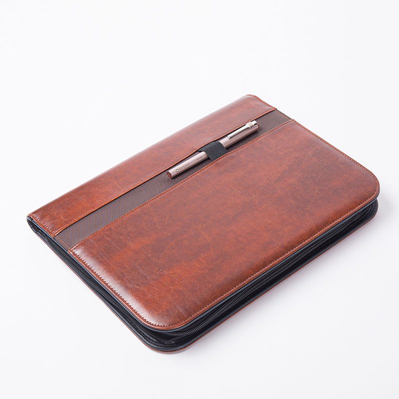 Professional brown PU leather portfolio padfolio organizer folder with wraparound zipper closure 10.5 inch tablet sleeve elastic pen loop card slots zipper pocket writing pad expanding pad pocket  for business office school for men women