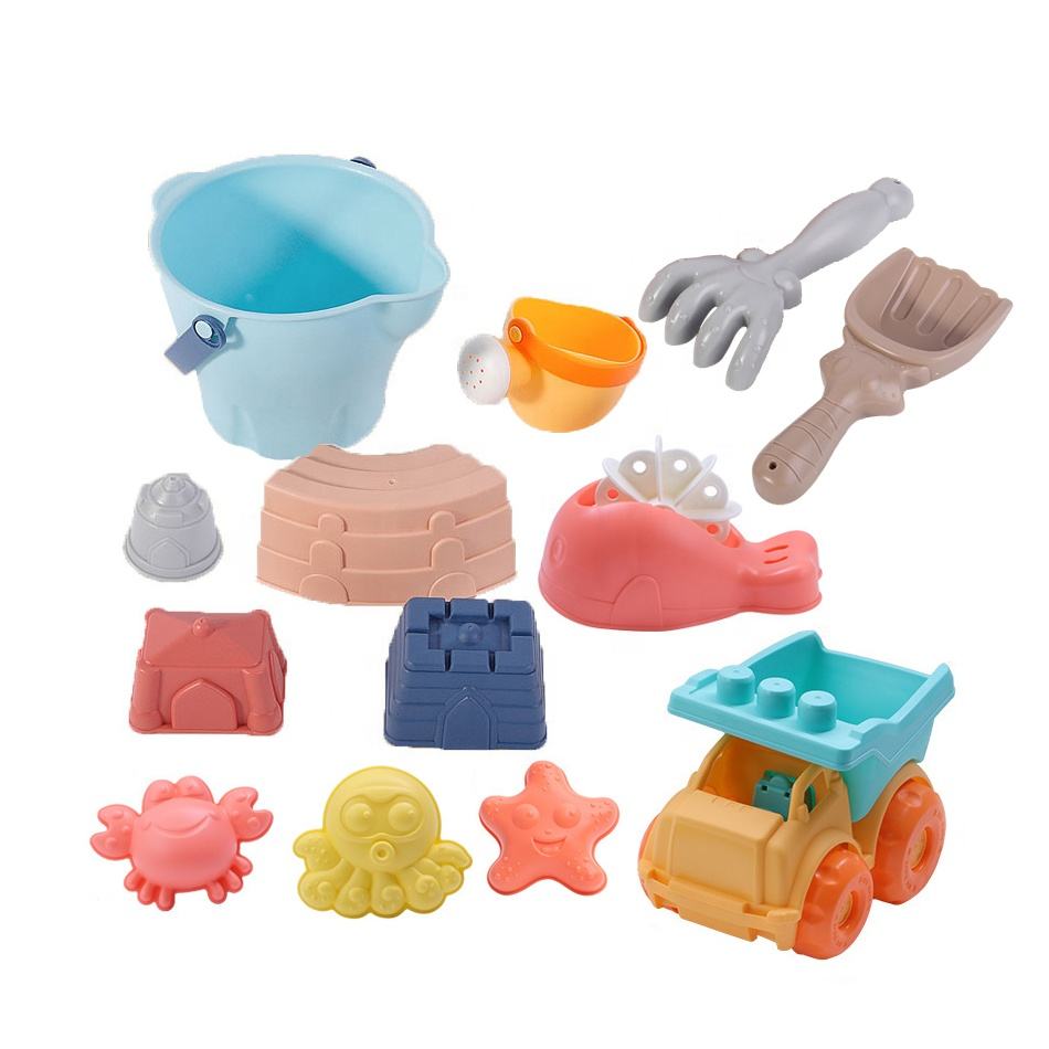 13PCS summer beach playing tool toy sand soft rubber with molds and bucket outdoor beach toys set storage bag for toddler kids