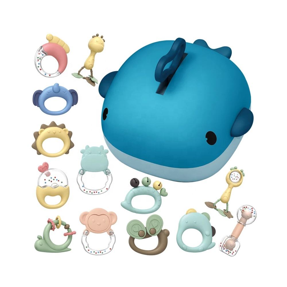 Early educational toys 13pcs infant grab shaker and spin rattle toys baby teether rattles set with whale storage box