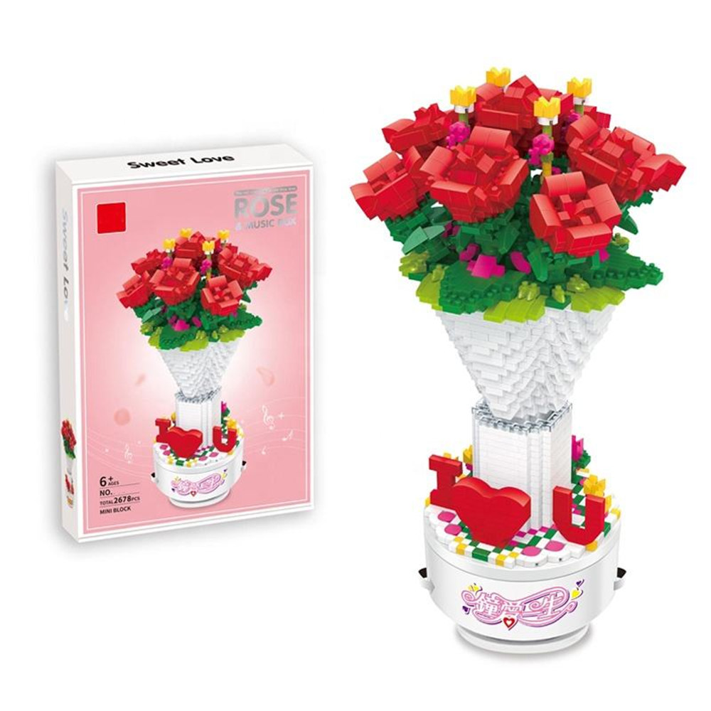 2678pcs Building Blocks Rose Flower Brick Micro Diamond Flower Toy Music Box Blocks Set for Thanksgiving Lover Valentines Toys