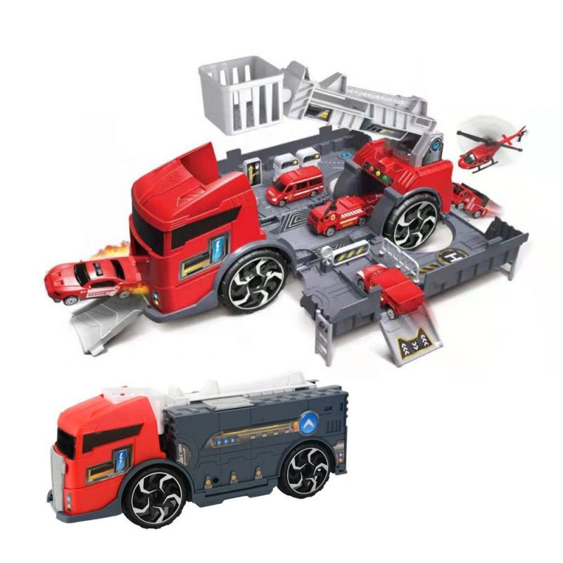 2023 amazon new arrival 2 in 1 deformed fire truck DIY self assembling car toys fire fighting truck parking garage toy for kids
