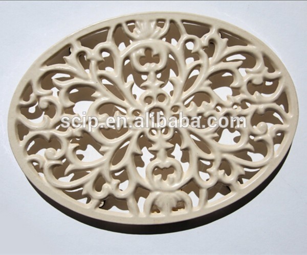 Cast Iron Trivet in Butter Cream Scroll Leaf Organic for Hot Pots Plants or Hanging on the Wall