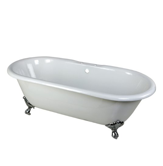 Cast Iron Double Ended Clawfoot Bathtub with Chrome Feet and 7-Inch Centers Faucet Drillings, 66-Inch, White