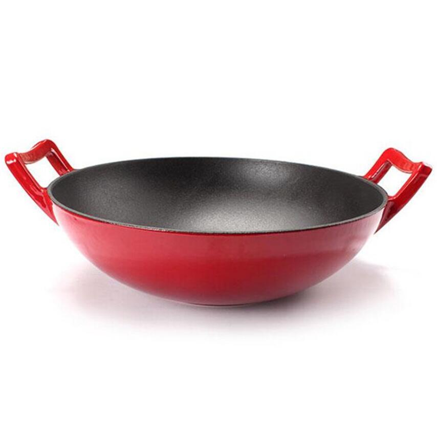 13.7&quot; Red Enameled Heavy Cast Iron Wok Pan