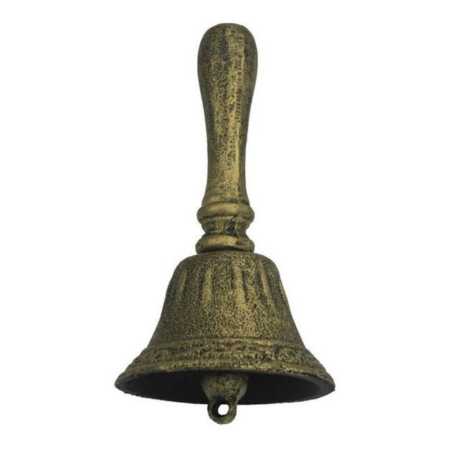 Rustic Gold Cast Iron Hand Bell 7&#39;&#39;, Vintage Cast Iron Bell