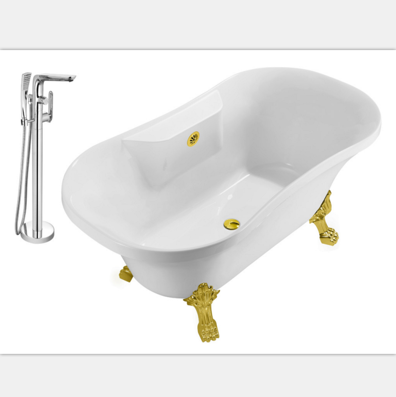 Clawfoot 60&quot; Faucet and Tub Set Gold Drain