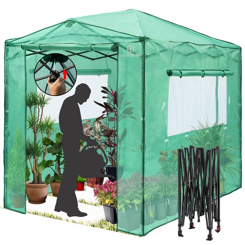 Greenhouse for Outdoors with Screen Windows, Ohuhu Walk in Plant Greenhouses Heavy Duty with Durable PE Cover, 3 Tiers 12 Shelves Stands 6x8x7.65 FT Plastic Portable Green House with Shelf Clips
