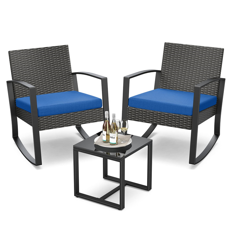 3 Pieces Patio Furniture Set Patio Rocking Bistro Set Outdoor Patio Furniture Sets Rattan Conversation Sets with Coffee Table for Garden Balcony Backyard Poolside