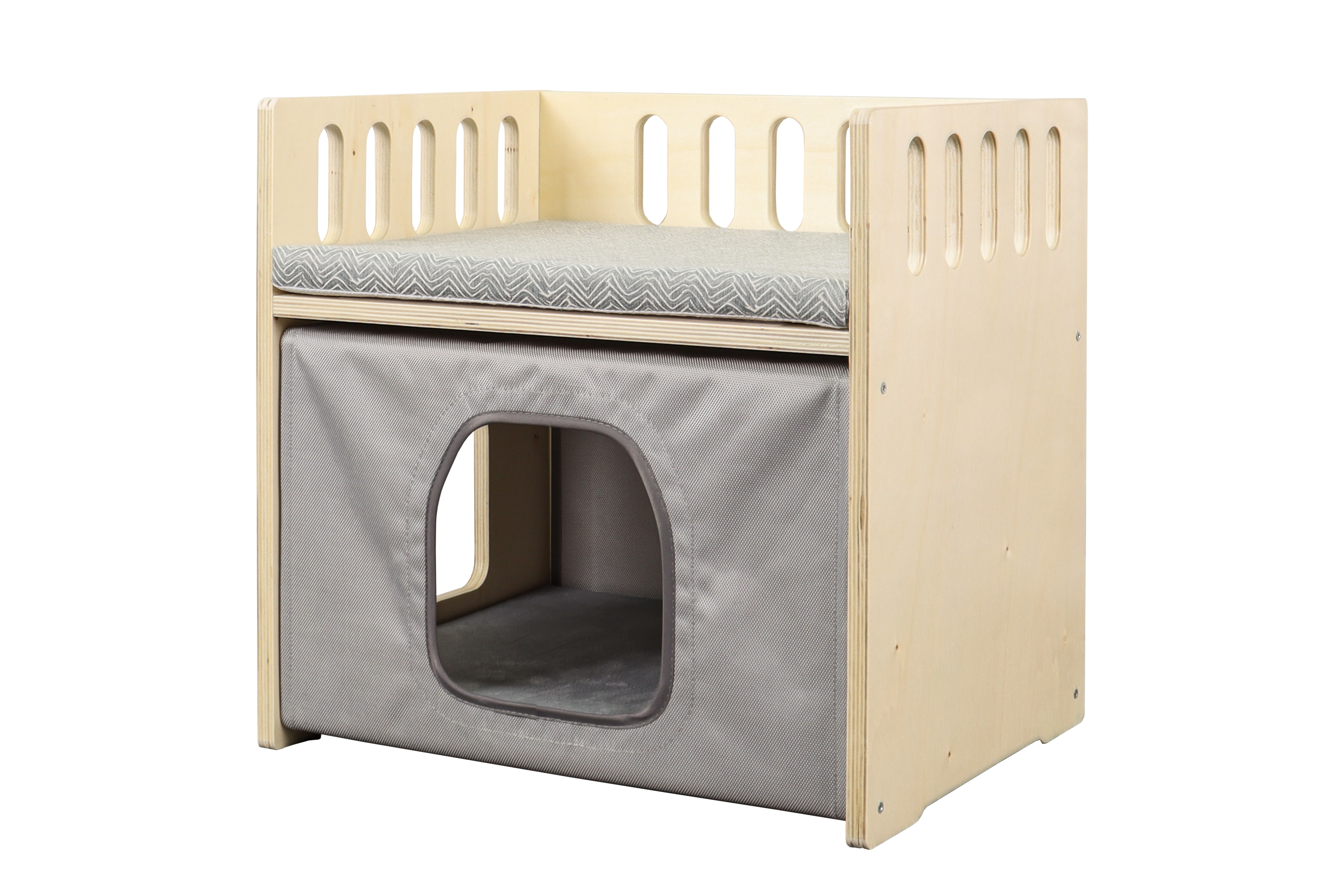CB-PBM121139 Dual Hole Warm Cat House, Cat Shelter With Removable Soft Mat, Cushion And Fence On The Roof, Easy To Assemble