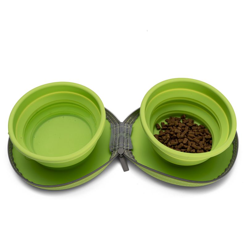 CB-PF0382 Collapsible Silicone Twin Dog Bowls with Zipper Silicone Case, Fold-able Travel Dog Bowls, Expandable Cup Dish, No Spill Non-Skid Silicone Pet Food and Water Feeder Bowl with Carbine Clip