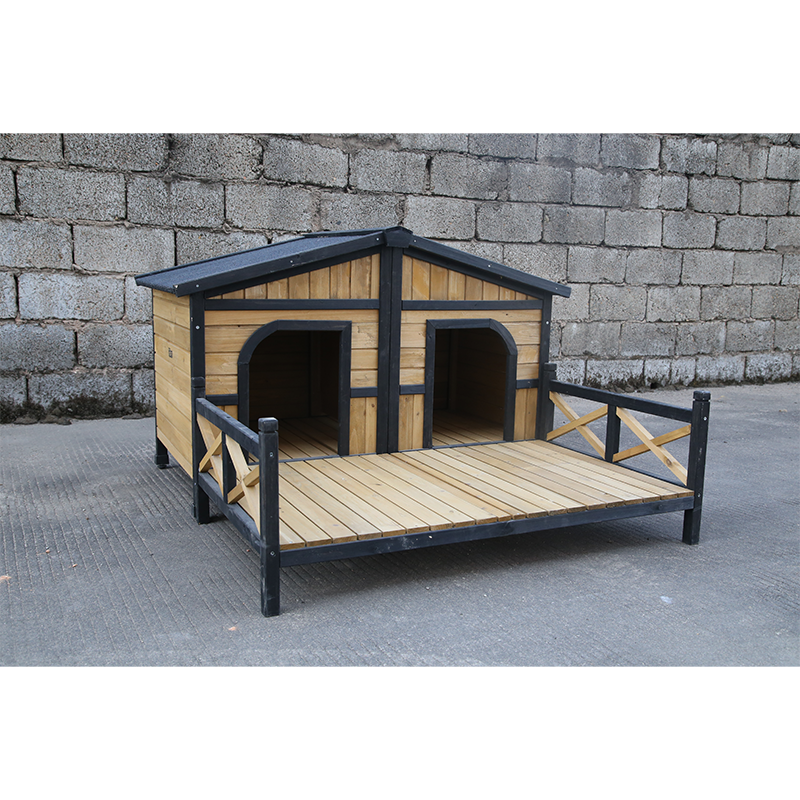 CB-PWH1277 Two Rooms Dog House, Wood Pet Cat Room Shelter, Wood Outdoor Insulated Weatherproof Dog House With Yard And Lids Could Be Lifted