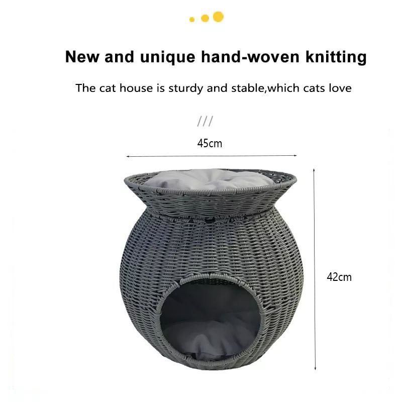 CB-PR014 Pet Rattan Wicker Cat Bed Dome With Roof Bed for Medium Indoor Cats, Roof Bed and Covered Cat Hideaway Hut of Faux Rattan Houses Pets in Dome Basket, Washable