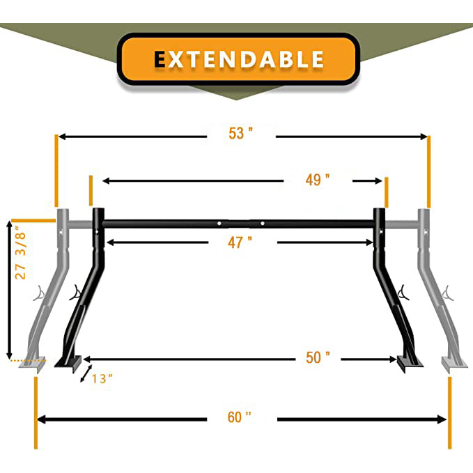 Truck Ladder Rack 800lbs Capacity with 8 Non-Drilling C-Clamps Heavy Duty Extendable Universal Pickup Ladder Rack Two-bar Set Matte Black One Pair