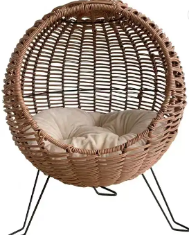 CB-PR001-2 Pet Rattan Wicker Cat Bed Dome With Roof Bed For Medium Indoor Cats, Roof Bed And Covered Cat Hideaway Hut Of Faux Rattan Houses Pets In Dome Basket, Washable