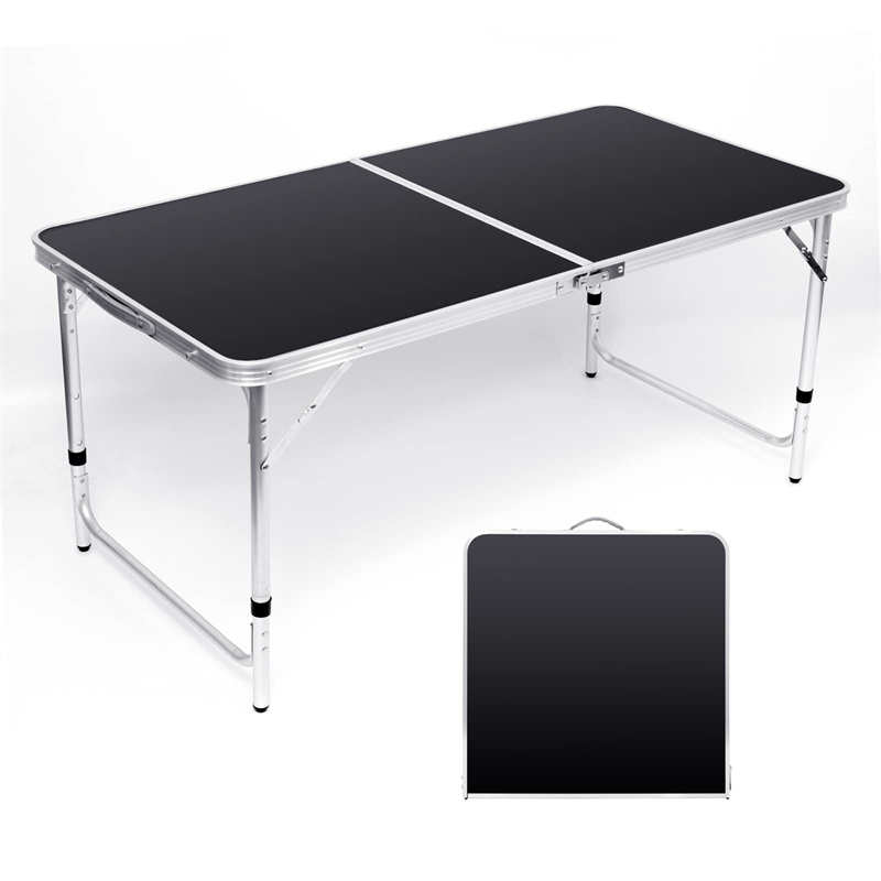 Folding Camping Table, 4 Ft Aluminum Folding Table, Picnic tablee with Handle, Adjustable Portable Camp Table for Picnic, BBQ, Party, Beach/Black