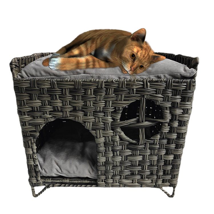 CB-PR019 Pet Rattan Foldable Wicker Cat House With Roof Bed for Medium Indoor Cats, Roof Bed and Cat Room With Windows made of Faux Rattan, Washable