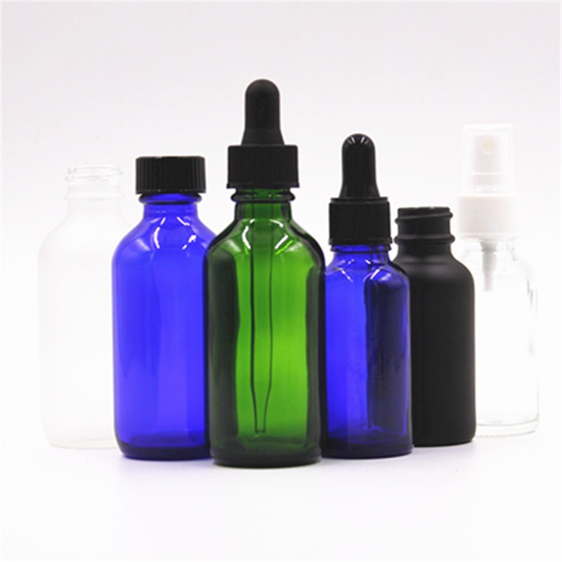 Wholesale 30ml 50ml empty round Boston Bottles blue essential oil cosmetic glass bottle  customized logo with dropper