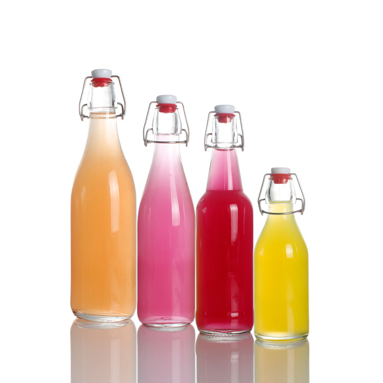 250ml 375ml 500ml China supplier logo customize Swing Top glass Bottle flip top Stopper custom carbonated beverage glass bottle