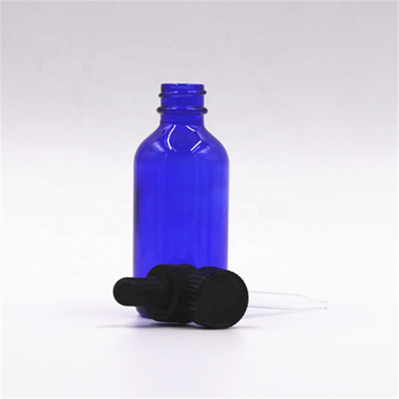 Wholesale 30ml 50ml empty round Boston Bottles blue essential oil cosmetic glass bottle  customized logo with dropper