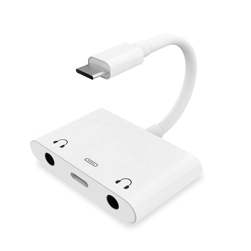 Vnew White 3 In 1 Type C To Type C And Dual 3.5mm Audio Adapter Usb C Sound Card Splitter With Fast Charging And Music