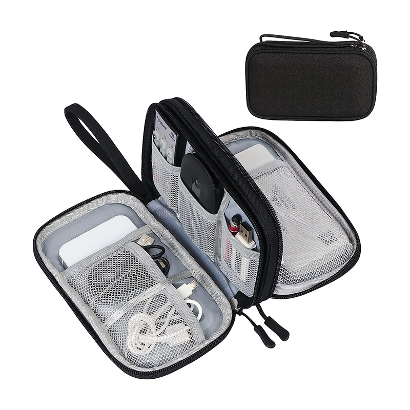 Travel Cable Organizer Pouch Electronic Accessories Carry Case Portable Waterproof Double Layers All-in-One Storage Bag for Cord, Charger, Phone, Earphone Black