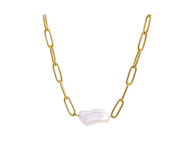Freshwater Pearl & Stainless steel Paperclip Link Chain Necklace