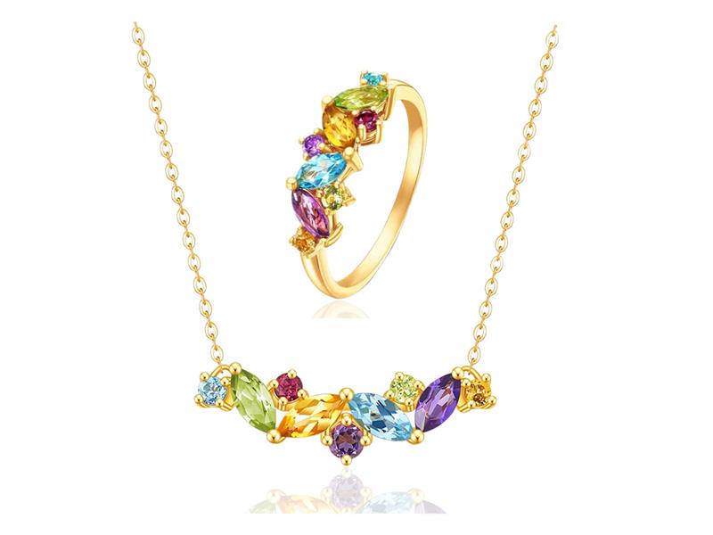 Sterling Silver Multicolor Rainbow Semi-Precious Necklace & Ring Jewelry Set