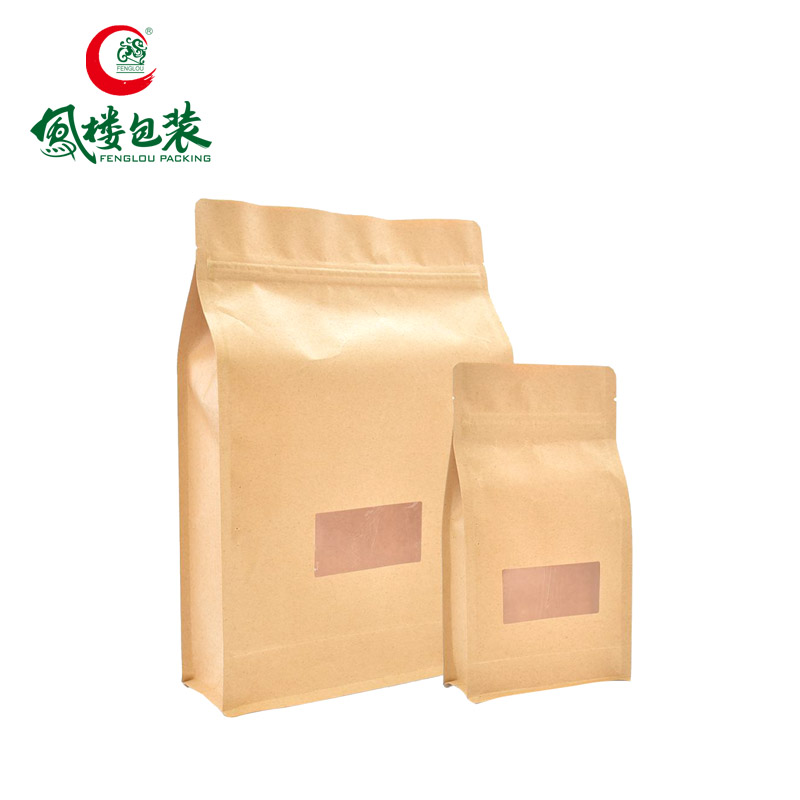 Kraft Paper Look Bags With Rectangle Window Plastic paper Flat Bottom Food Packaging Bags with zipper