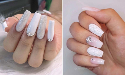 HANDMADE- COOL COSMOS WHITE SMOKY MARBLE WITH GLITTER PRESS ON NAILS