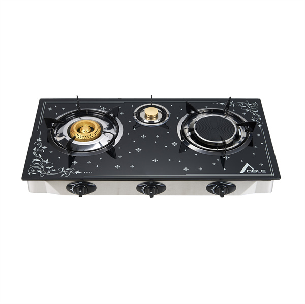 3 burner glass top honeycomb golden color and infrared burner stove exquisite design can be customized with patterns