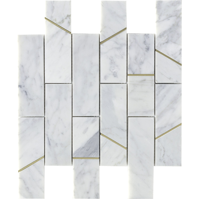 Natural Marble Stone Mix Metal Mosaic Tile Staggered Brickwork Bar Gold Metal Stainless Steel 304 