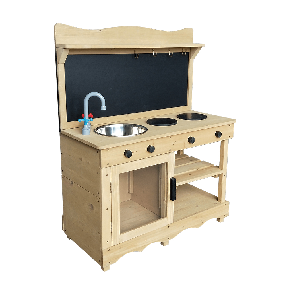 C460 Wood Outdoor Children Mud Kicken With Metal Pot and Tap and Blackboard