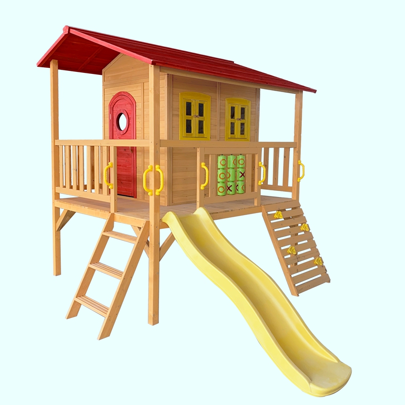 C441 Children Outdoor Cubby House Wooden Play House with Slide and Sandbox