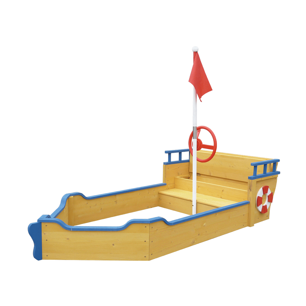 C048 Wood Boat-shaped Sandbox With Flag and Steering Wheel