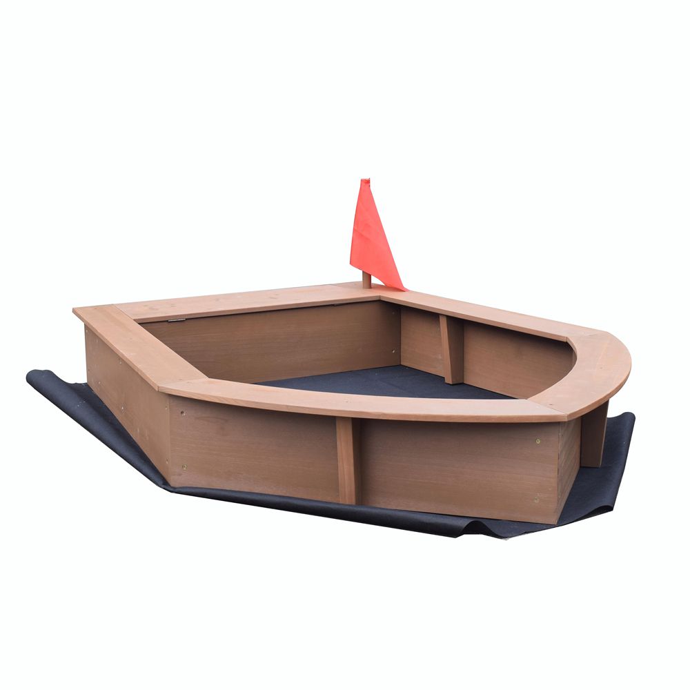 C052 Wood Boat Shape Sandbox with Flag for Kids Wooden Sandpit